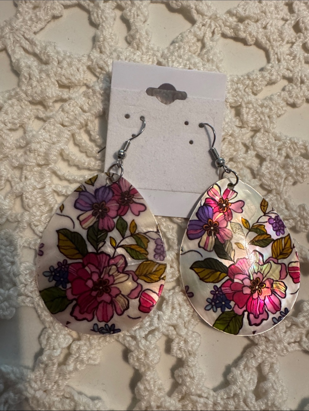 Floral Teardrop Dangle Earrings - Pink & Purple